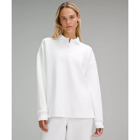 Lululemon Textured Long Sleeve Tennis Polo Shirt White Oversized Preppy 8 - Picture 1 of 12